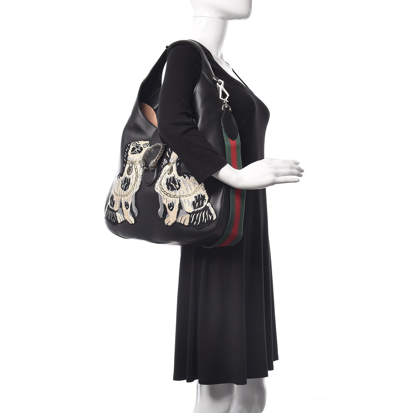 Calfskin Web Dog Embroidered Large Dionysus Hobo Black