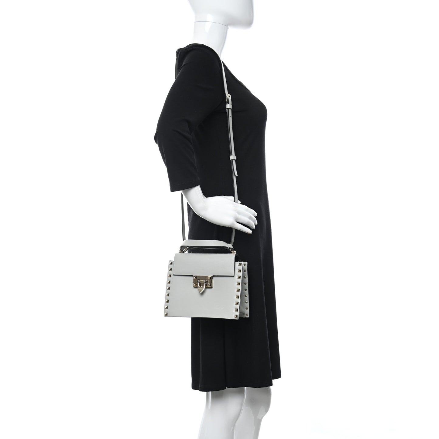 Calfskin Rockstud Overlay Flap Top Handle Bag Light Grey
