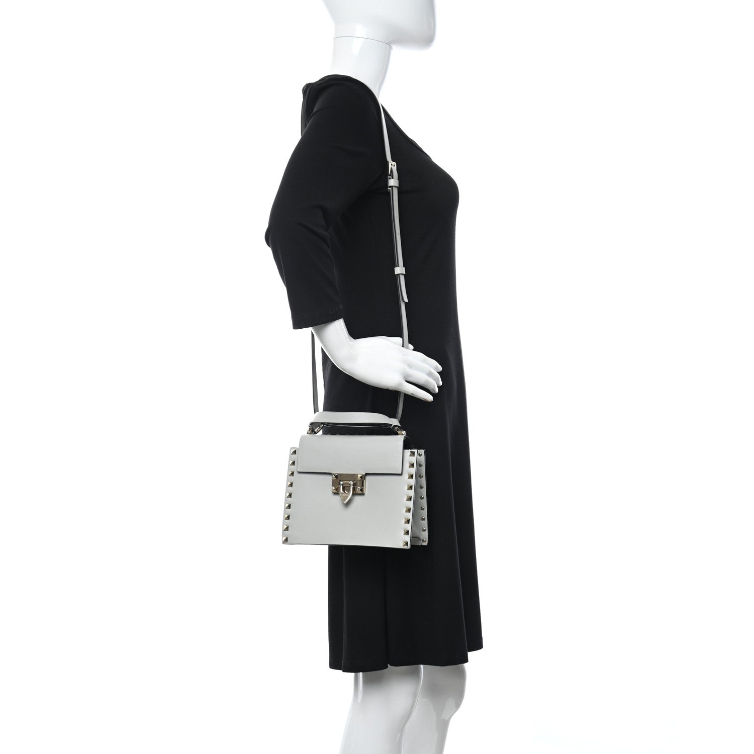 Valentino Garavani Calfskin Rockstud Overlay Flap Top Handle Bag Light Grey 2 of 9