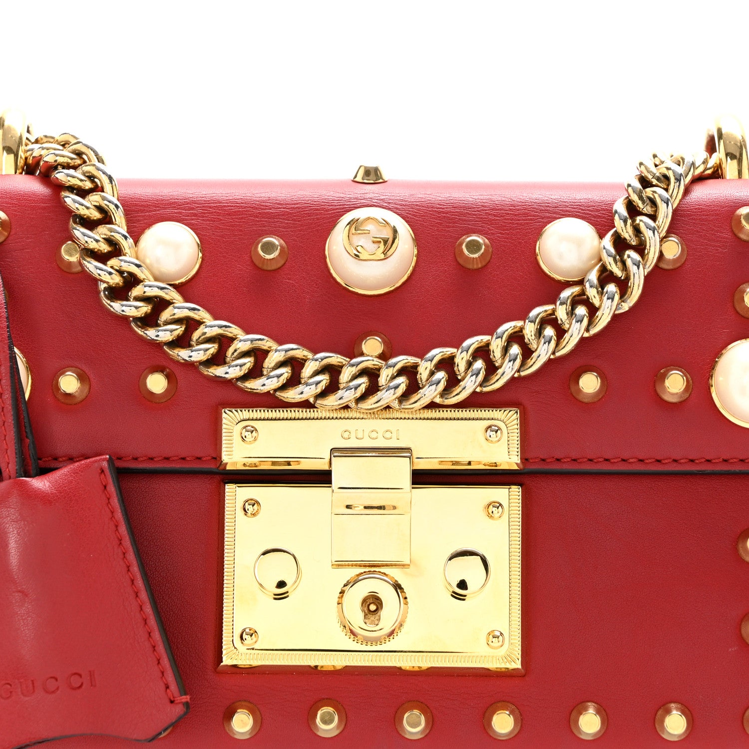 Gucci Calfskin Studded Small Padlock Shoulder Bag Hibiscus Red 8 of 14
