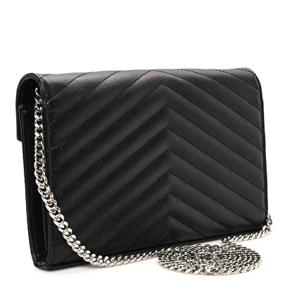 Saint Laurent Grain De Poudre Matelasse Chevron Monogram Chain Wallet Black 3 of 12