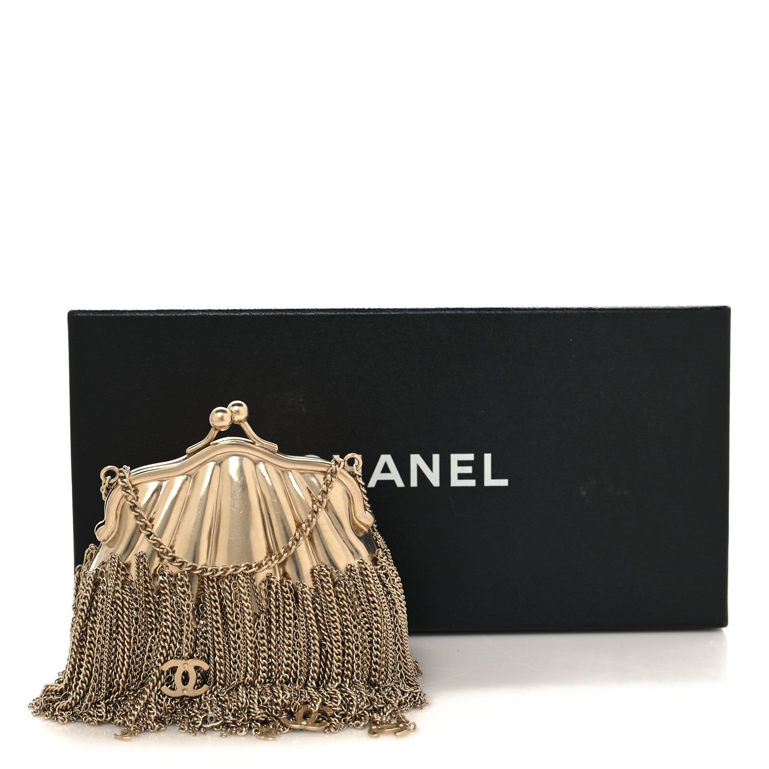 Chanel Metal Seashell Kiss Lock CC Chain Fringe Minaudiere Clutch Gold 11 of 11