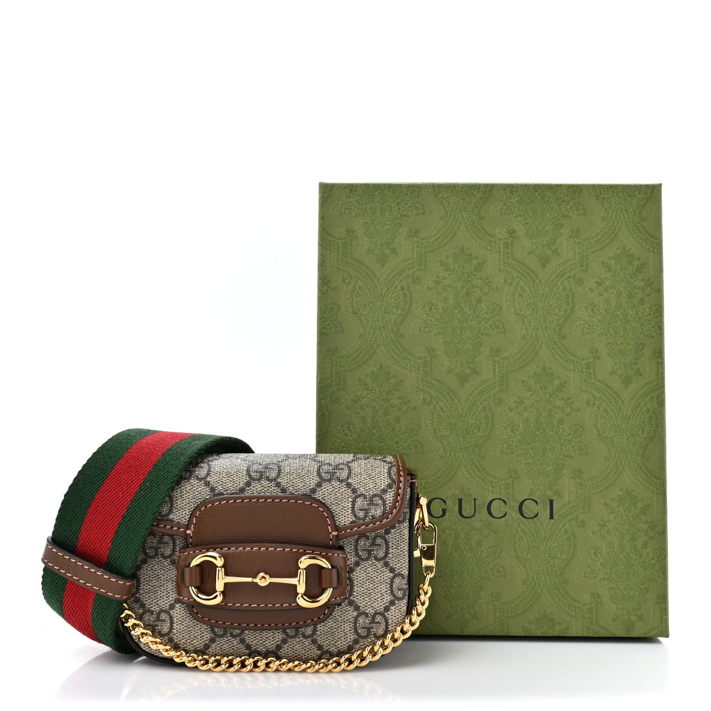 GG Supreme Monogram Azalea Calfskin Web Horsebit 1955 Wallet On Strap Beige Ebony Brown Sugar