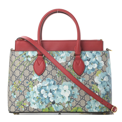 Gucci GG Supreme Monogram Blooms Medium Zip Top Tote Beige Blue Navy Hibiscus Red 1 of 12