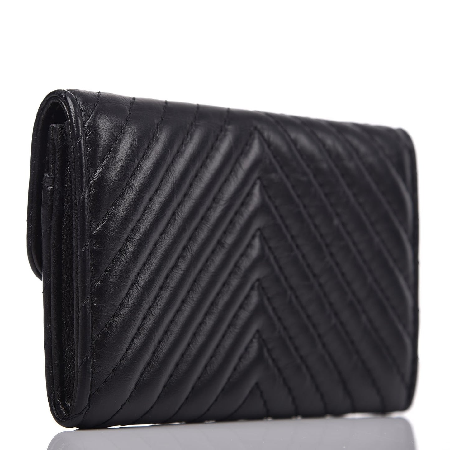 Aged Calfskin Chevron Quilted Card Holder Wallet So Black