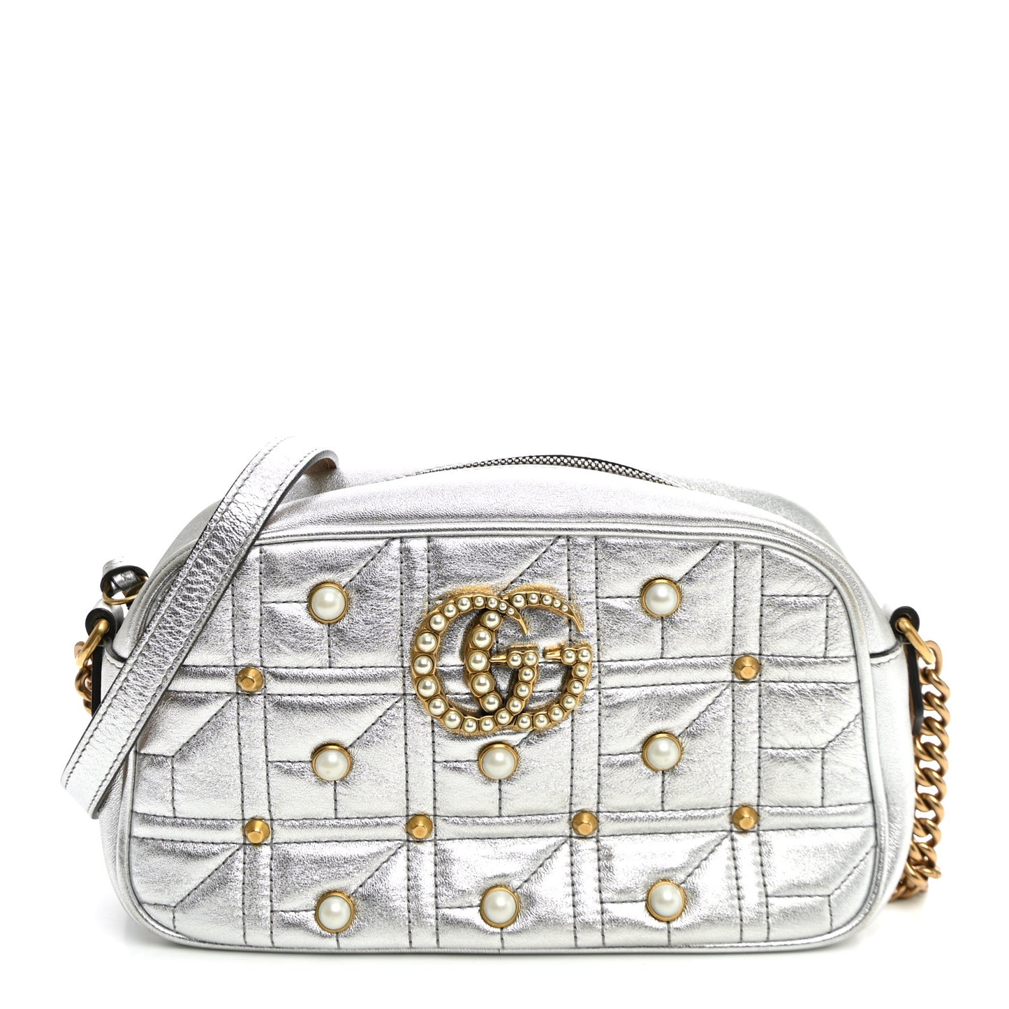 Metallic Calfskin Matelasse Studded Small Pearly GG Marmont Chain Shoulder Bag Silver