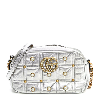 Gucci Metallic Calfskin Matelasse Studded Small Pearly GG Marmont Chain Shoulder Bag Silver 1 of 9