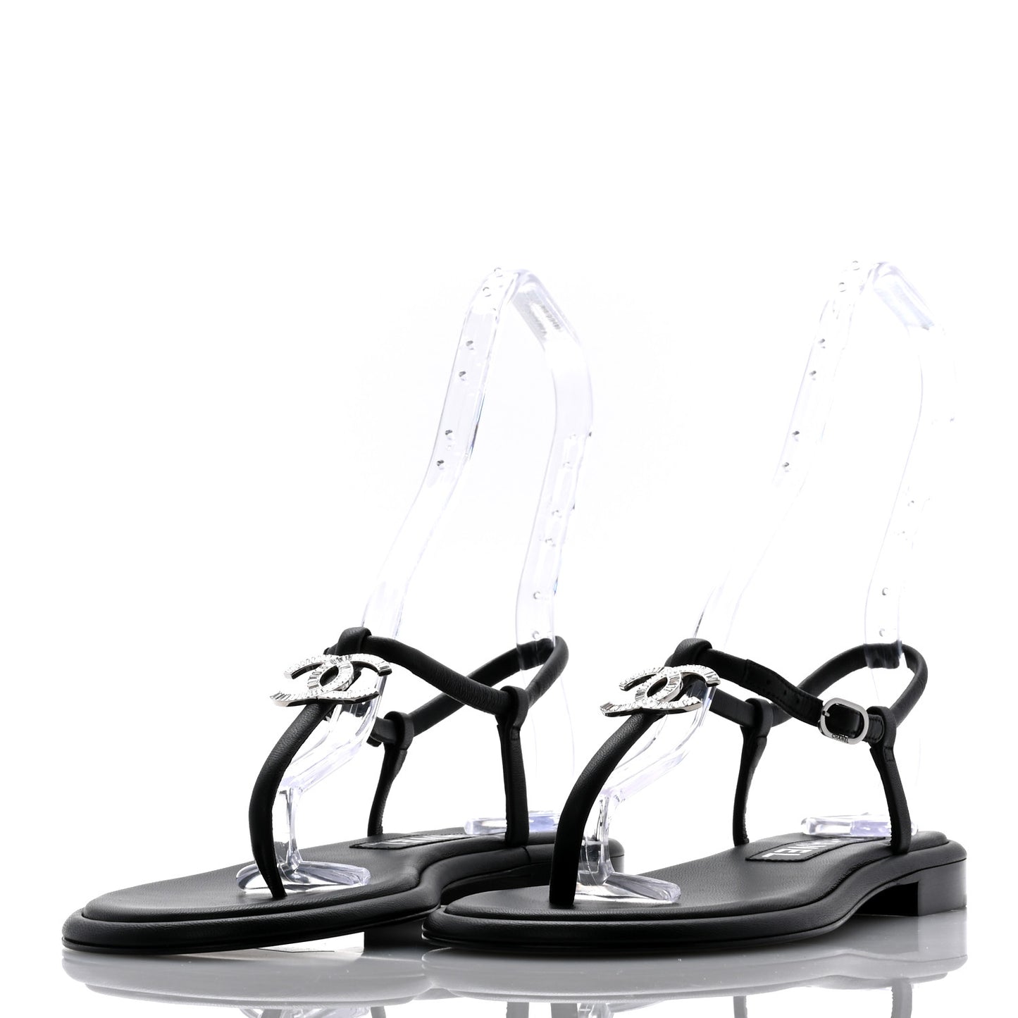 Lambskin Crystal Baguette CC Thong Sandals 38 Black