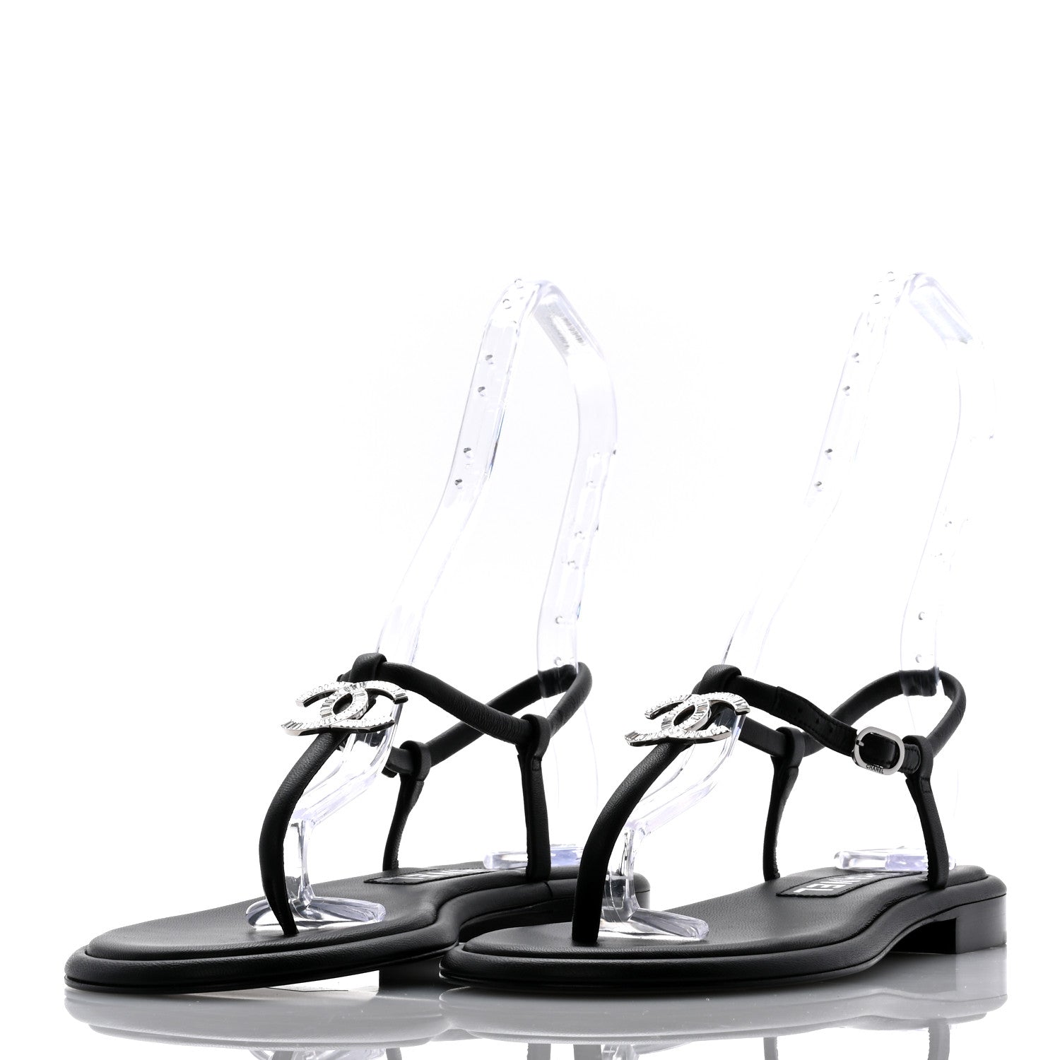 Chanel Lambskin Crystal Baguette CC Thong Sandals 38 Black 3 of 8