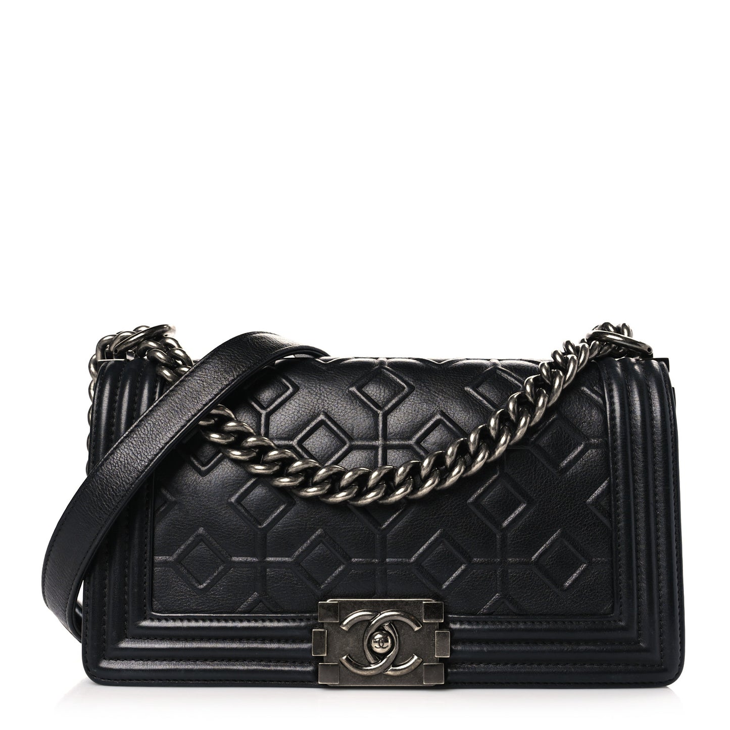 Calfskin Crystal Embossed Medium Boy Flap Black
