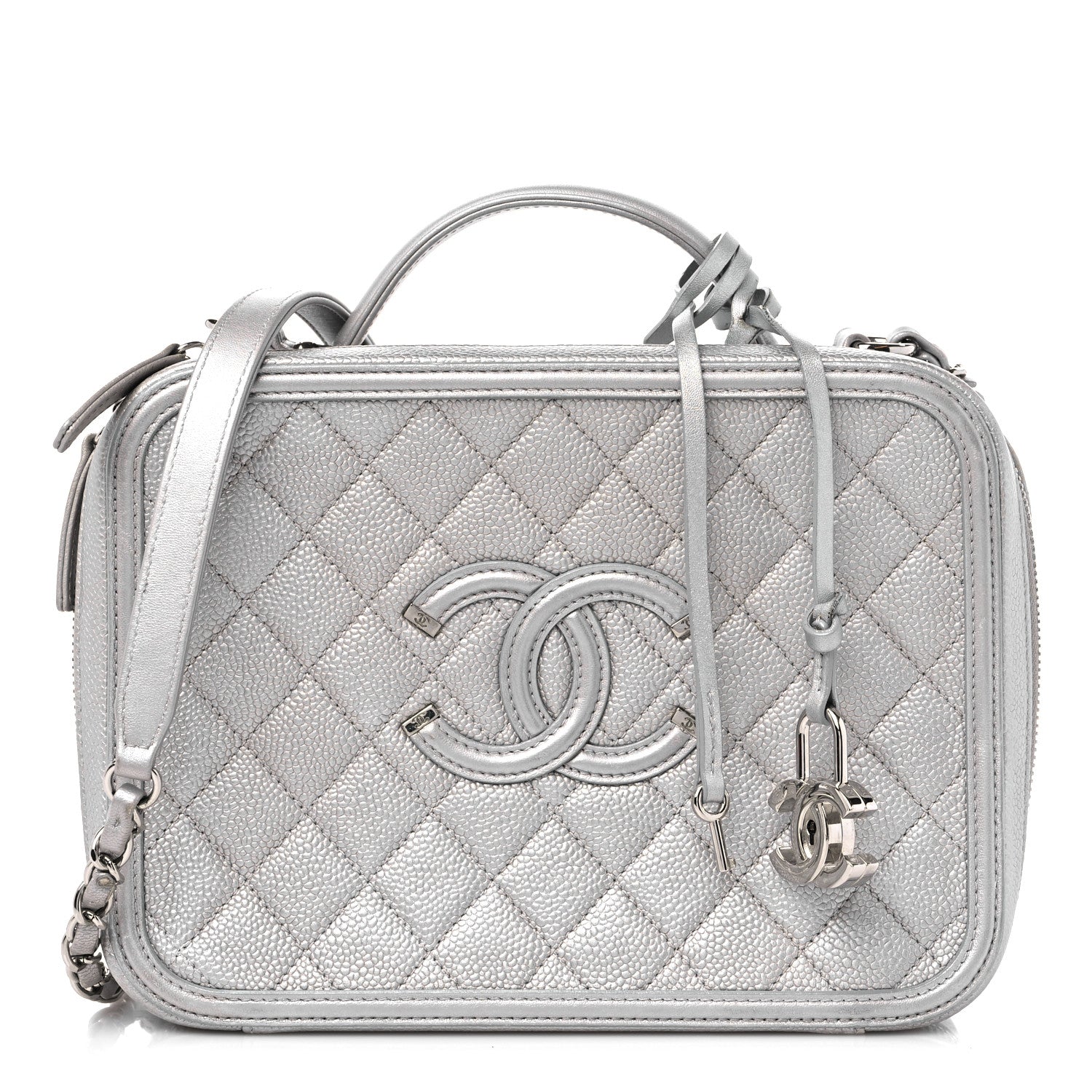 Chanel Metallic Caviar Quilted Large CC Filigree Vanity Case Silver 1 of 13