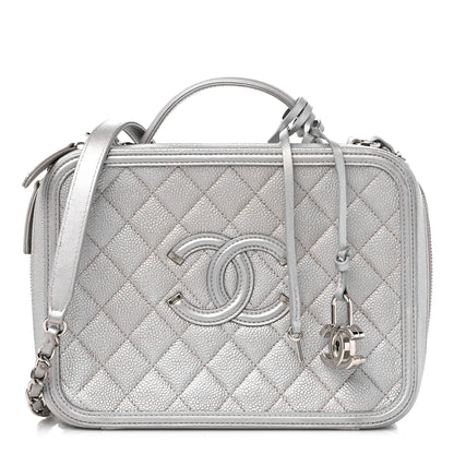 Chanel Metallic Caviar Quilted Large CC Filigree Vanity Case Silver 1 of 13