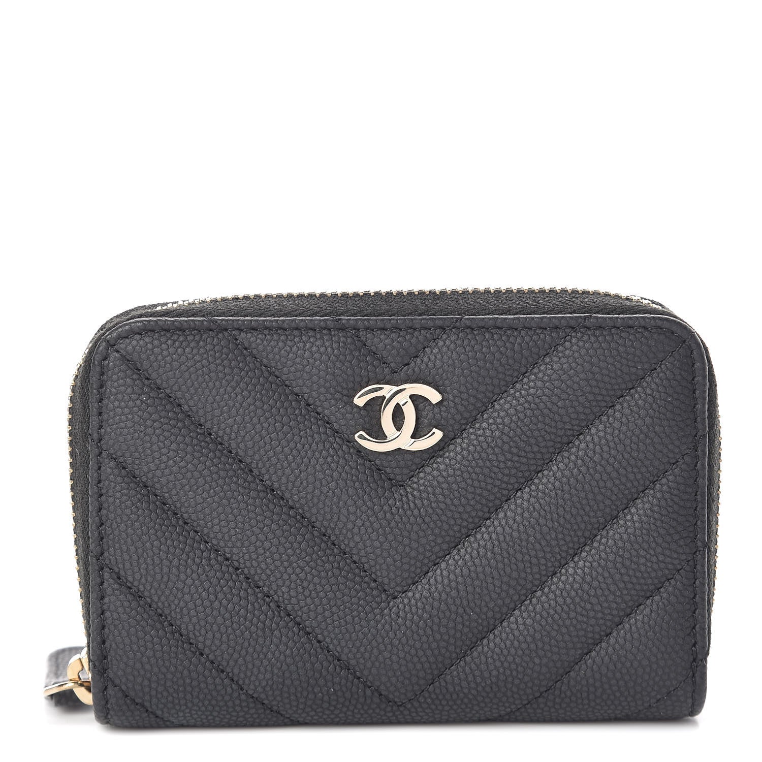 Chanel Caviar Chevron Quilted Zip Coin Purse Black 1 of 8