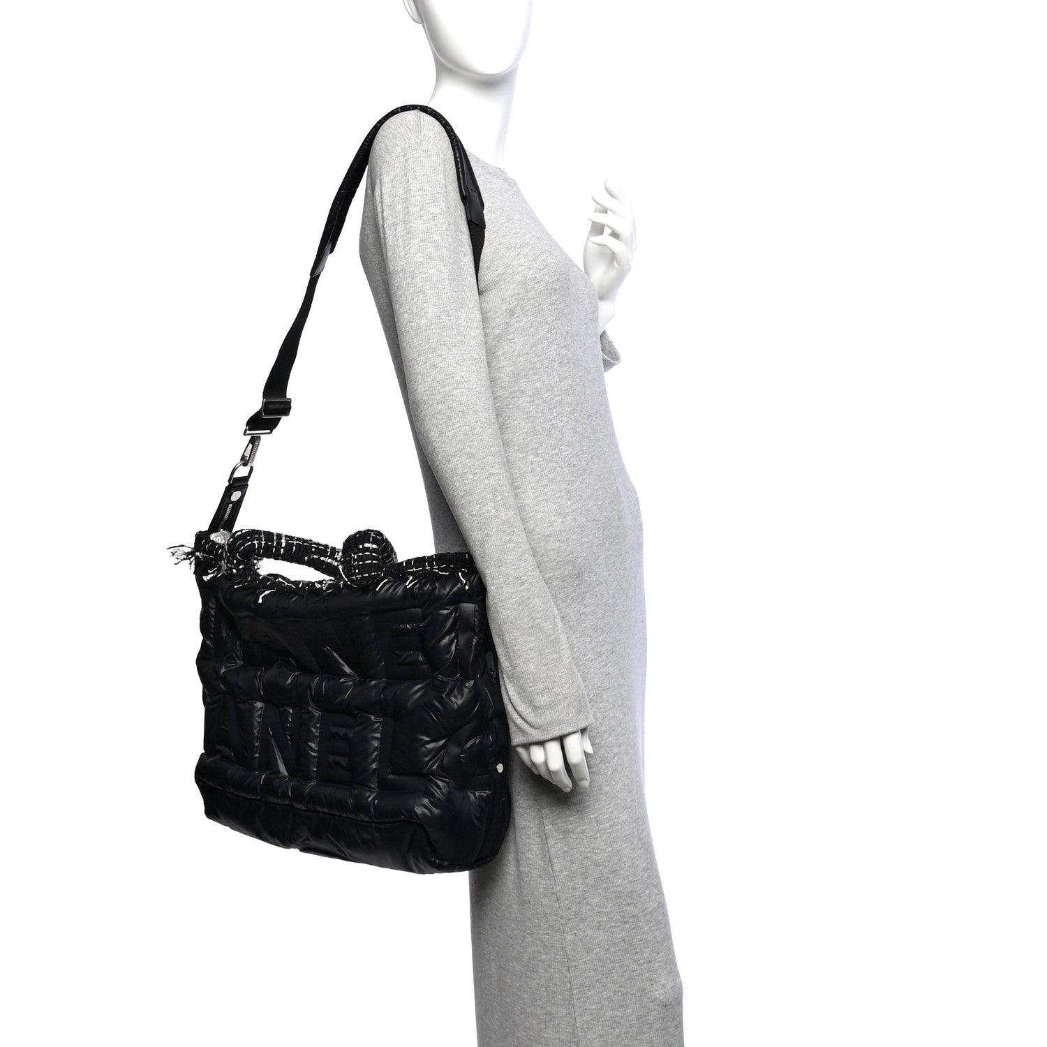Chanel Tweed Nylon Embossed Large Doudoune Bowling Bag Black 2 of 11