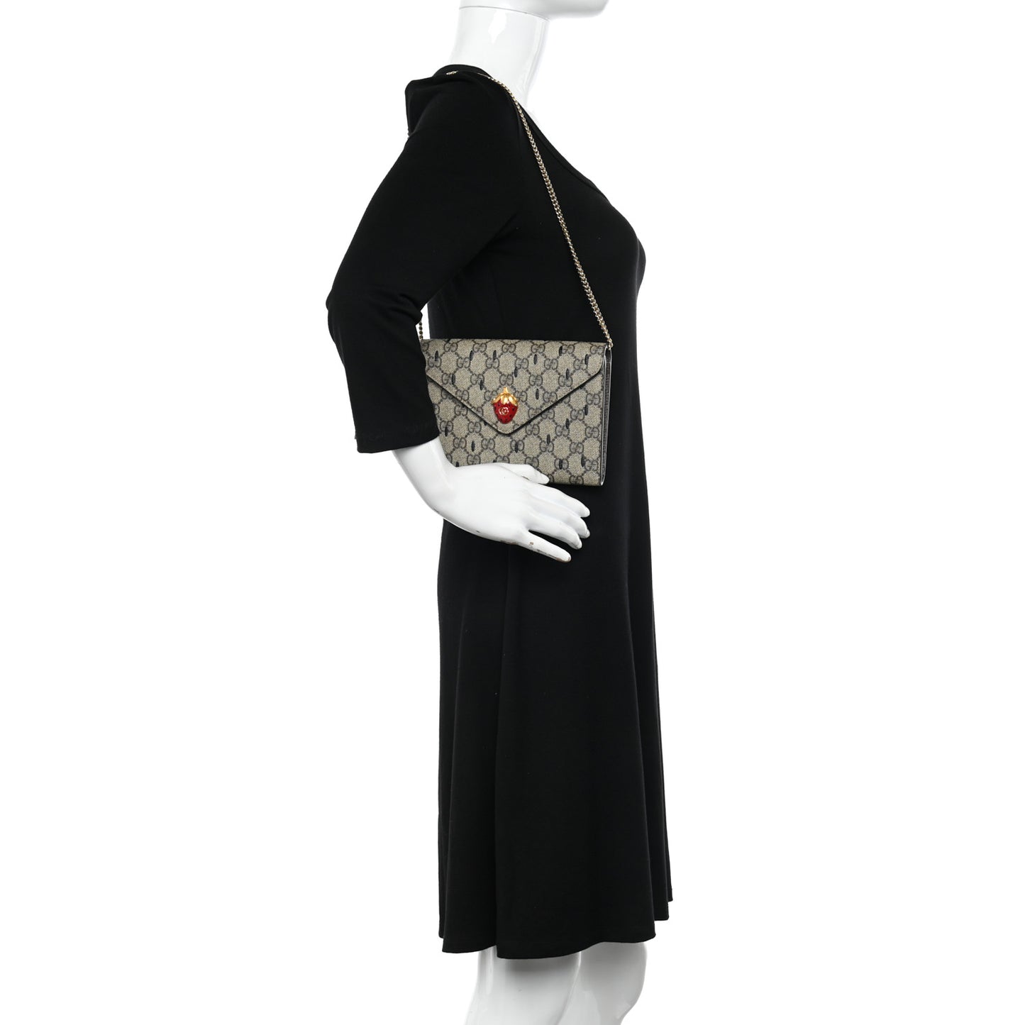 GG Supreme Monogram Strawberry Seed Textured Dollar Calfskin Enamel Double G Strawberry Wallet On Chain Beige Ebony Black New Acero Hibiscus Red