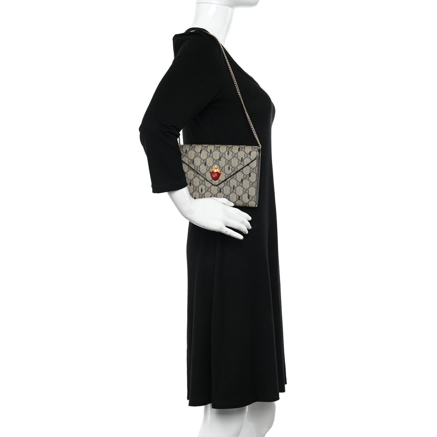 Gucci GG Supreme Monogram Strawberry Seed Textured Dollar Calfskin Enamel Double G Strawberry Wallet On Chain Beige Ebony Black New Acero Hibiscus Red 2 of 10