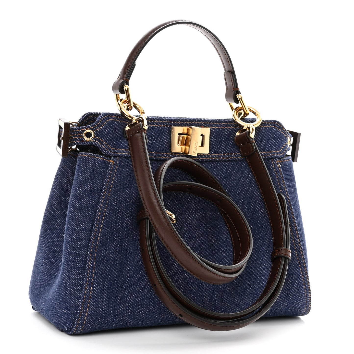 Denim Fabric Jacquard Cuoio FF 1974 Mini Peekaboo Iconic Satchel Blue Tobacco Moro