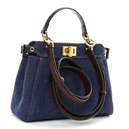 Fendi Denim Fabric Jacquard Cuoio FF 1974 Mini Peekaboo Iconic Satchel Blue Tobacco Moro 3 of 10