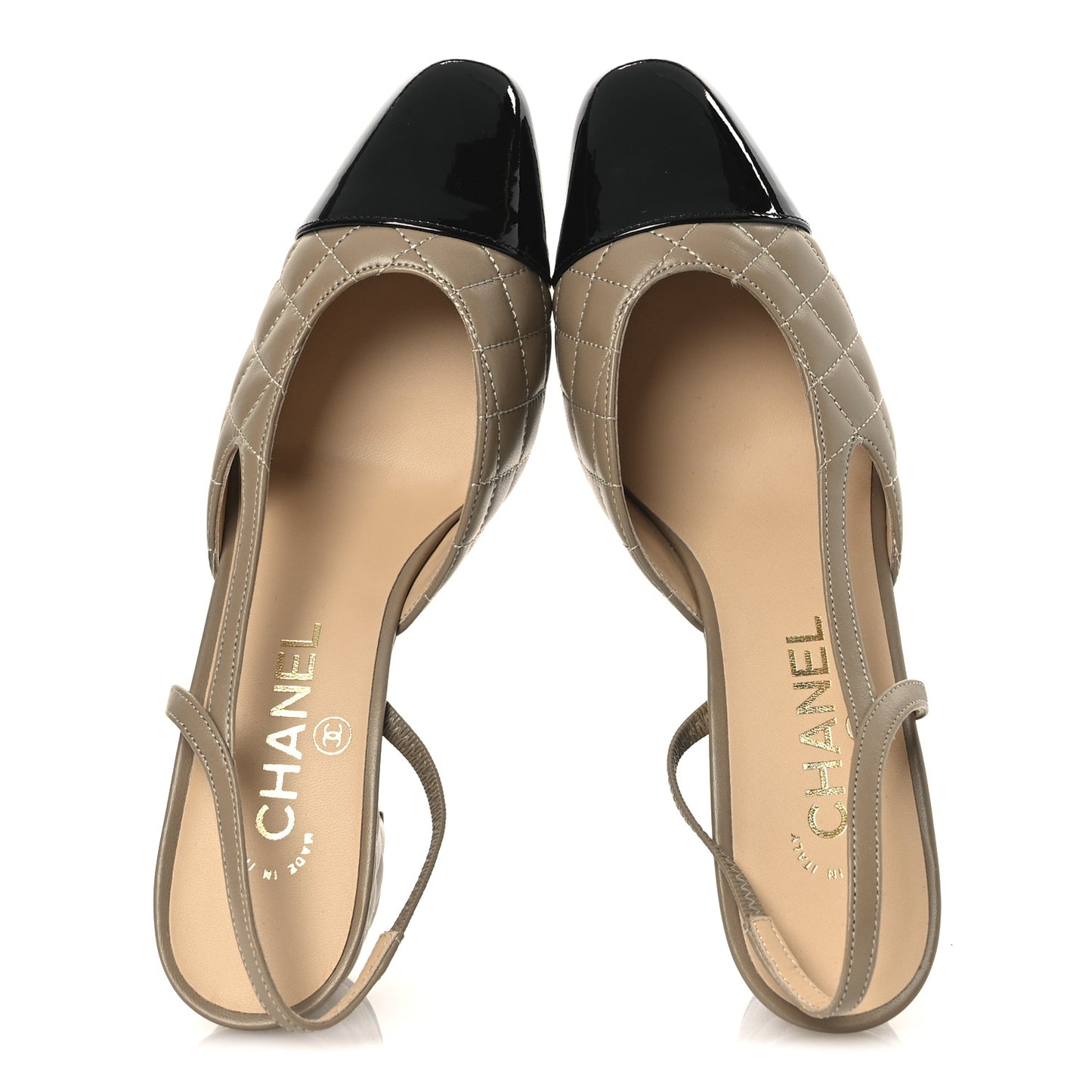 Lambskin Patent Calfskin Quilted Cap Toe CC Slingback Pumps 37.5 Beige Black