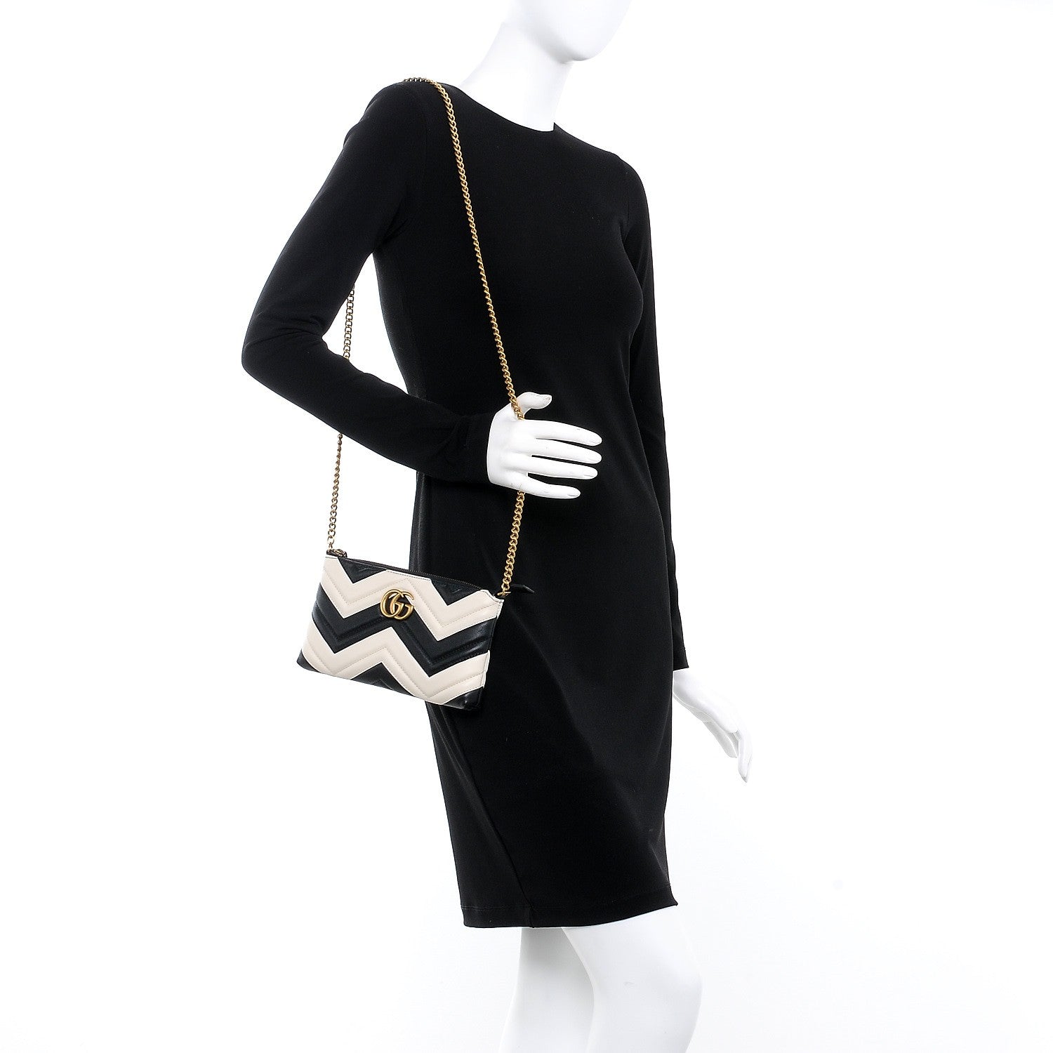 Gucci Calfskin Matelasse Mini GG Marmont Chain Bag Black White 2 of 8