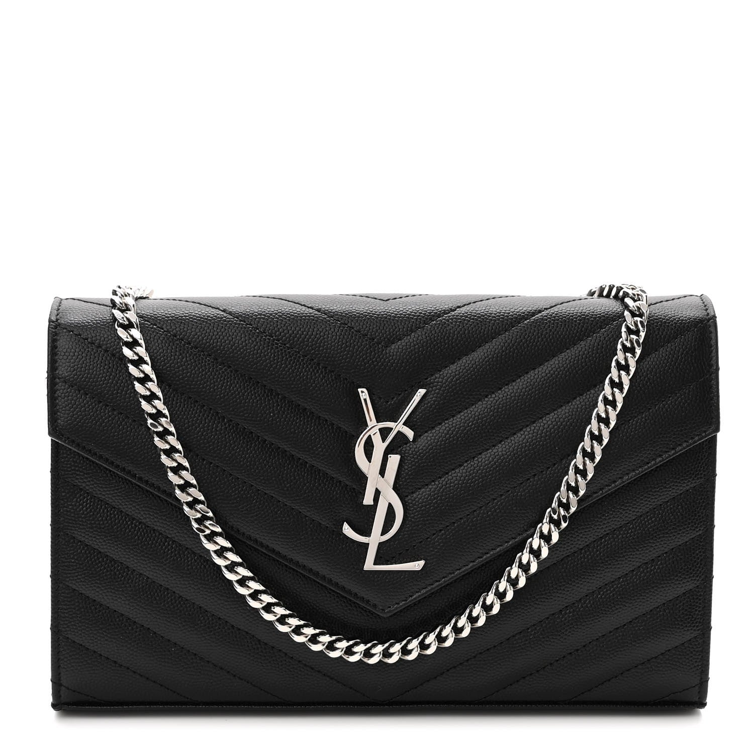 Saint Laurent Grain De Poudre Matelasse Chevron Monogram Chain Wallet Black 1 of 10