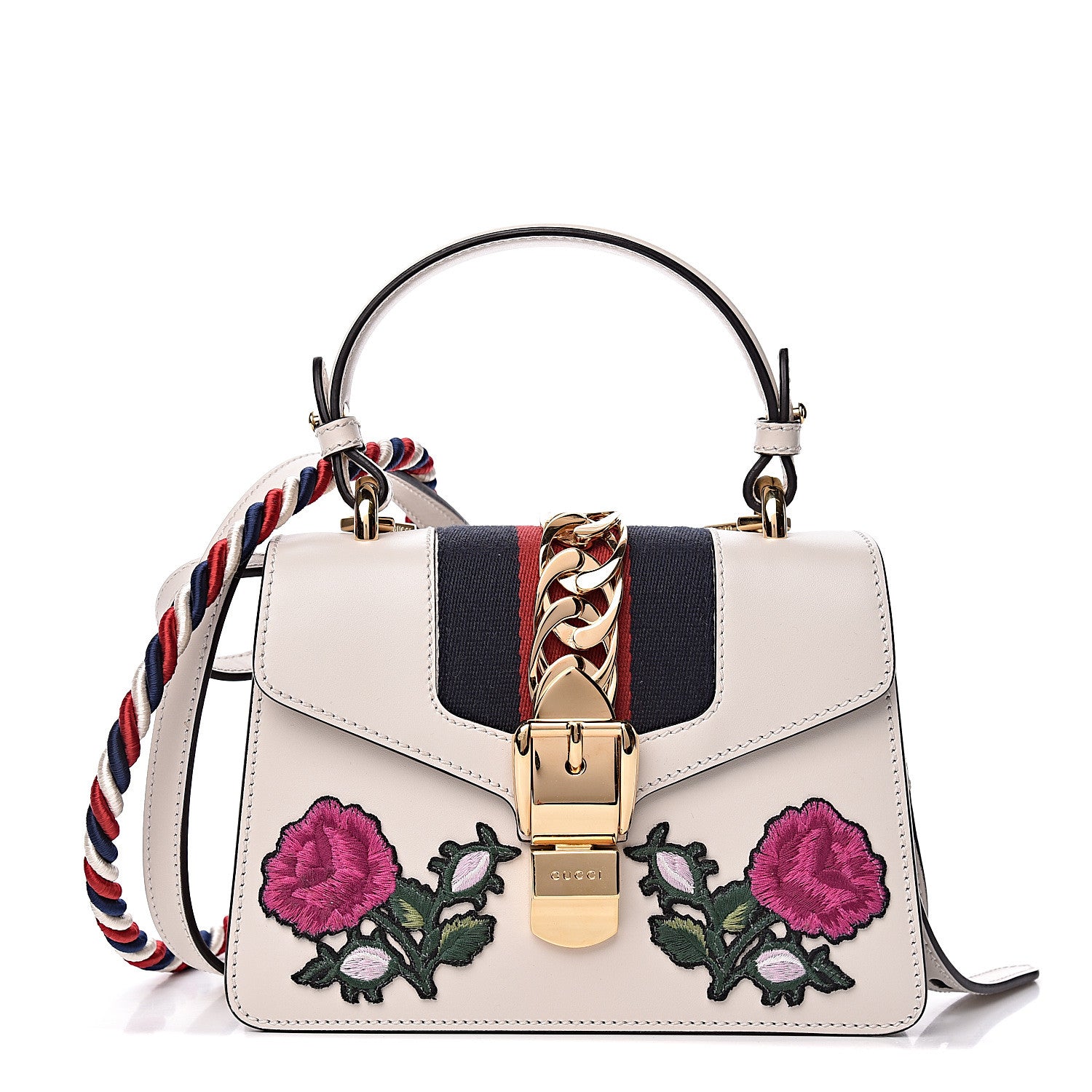 Gucci Calfskin Embroidered Mini Sylvie Top Handle Bag White 1 of 10