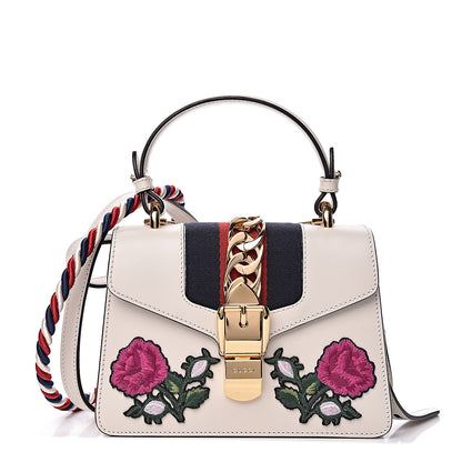 Gucci Calfskin Embroidered Mini Sylvie Top Handle Bag White 1 of 10
