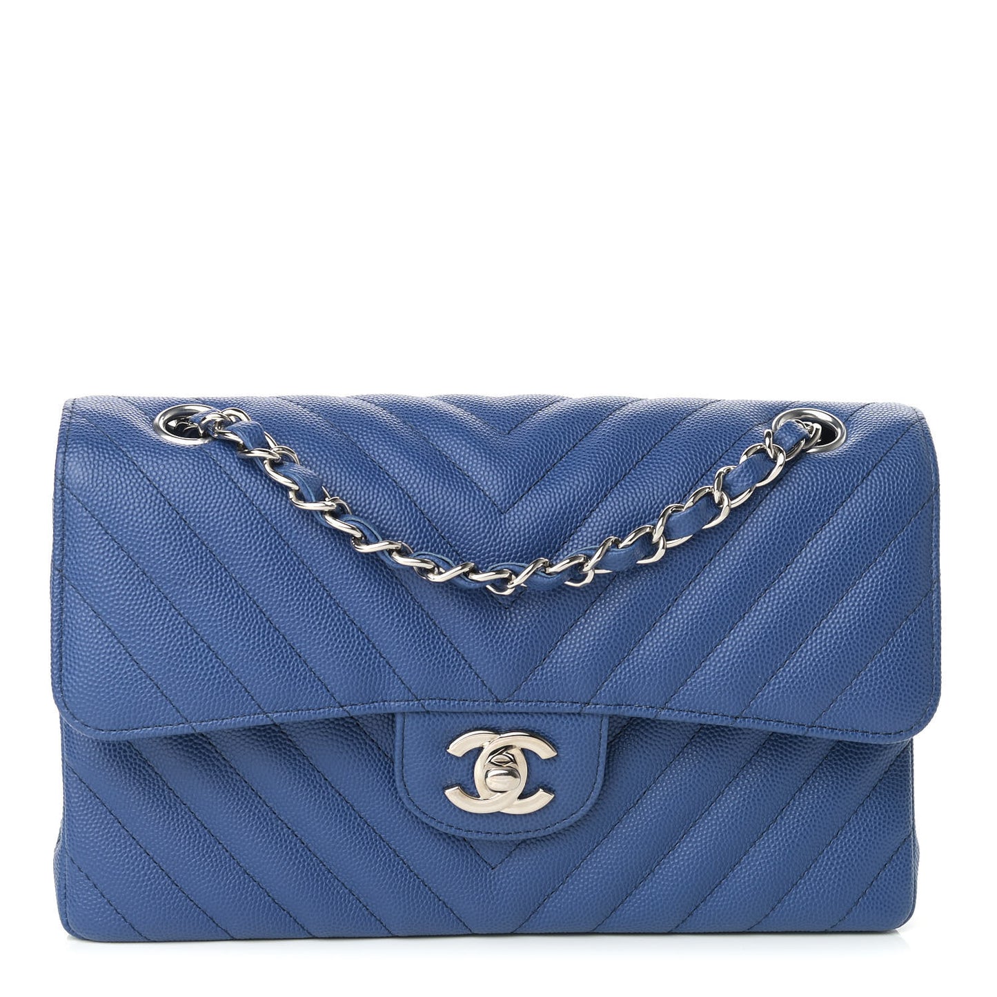 Caviar Chevron Quilted Small Double Flap Blue