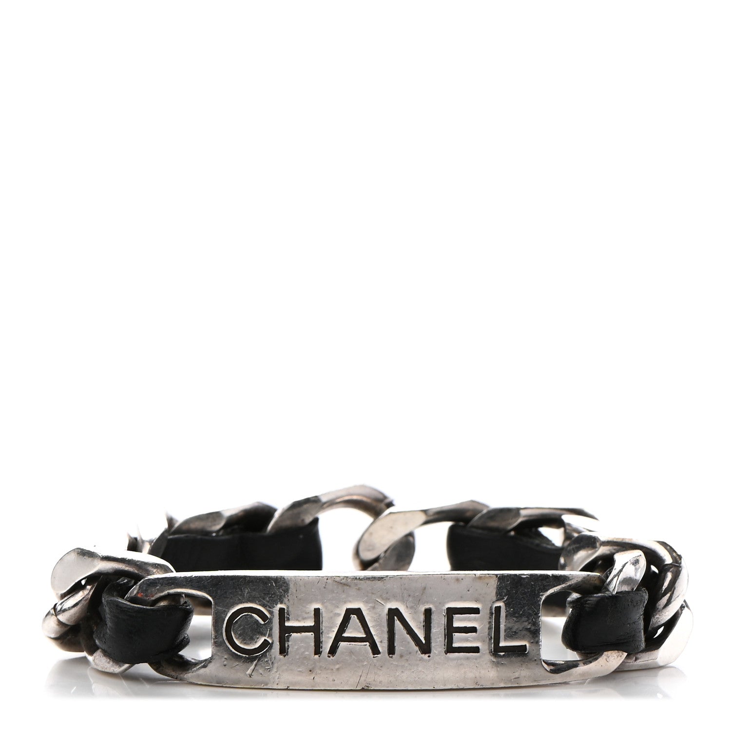 Chanel Metal Lambskin Name Plate Bracelet Black Silver 1 of 5