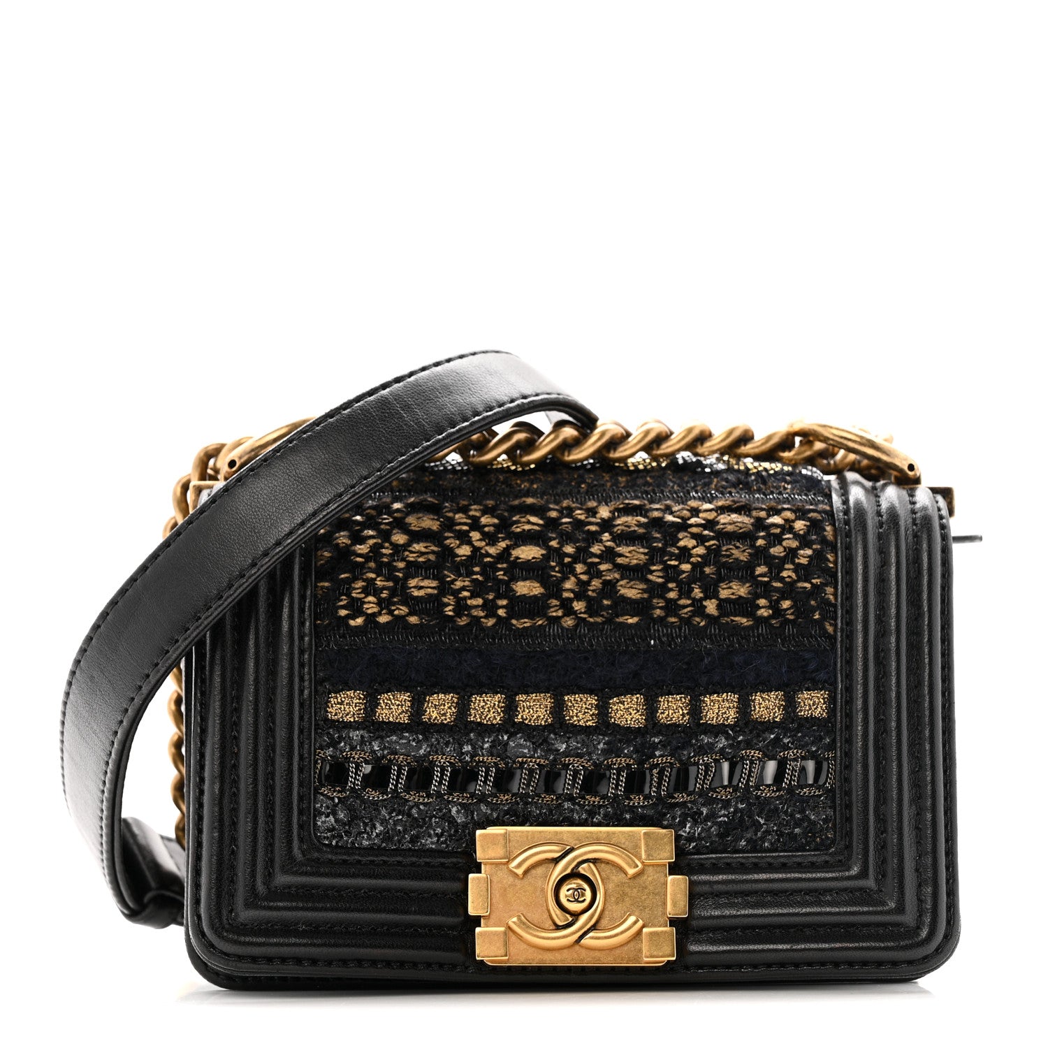 Chanel Lambskin Metallic Tweed Embroidered Mini Boy Flap Black Gold Multicolor 1 of 15