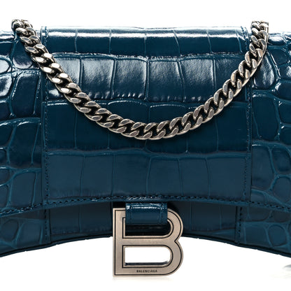 Balenciaga Shiny Calfskin Crocodile Embossed Hourglass Chain Bag Forest Green 16 of 21