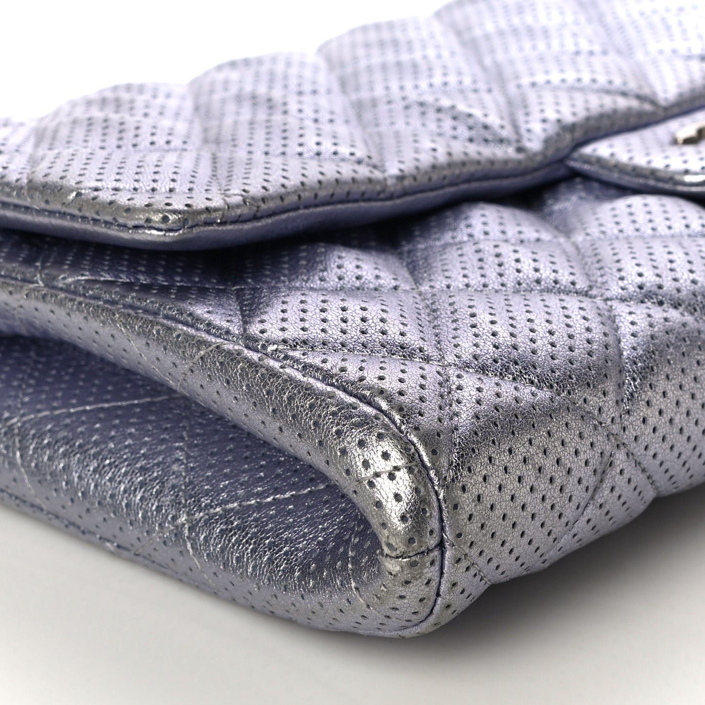 Metallic Perforated Lambskin Quilted Clutch With Chain Flap Silver