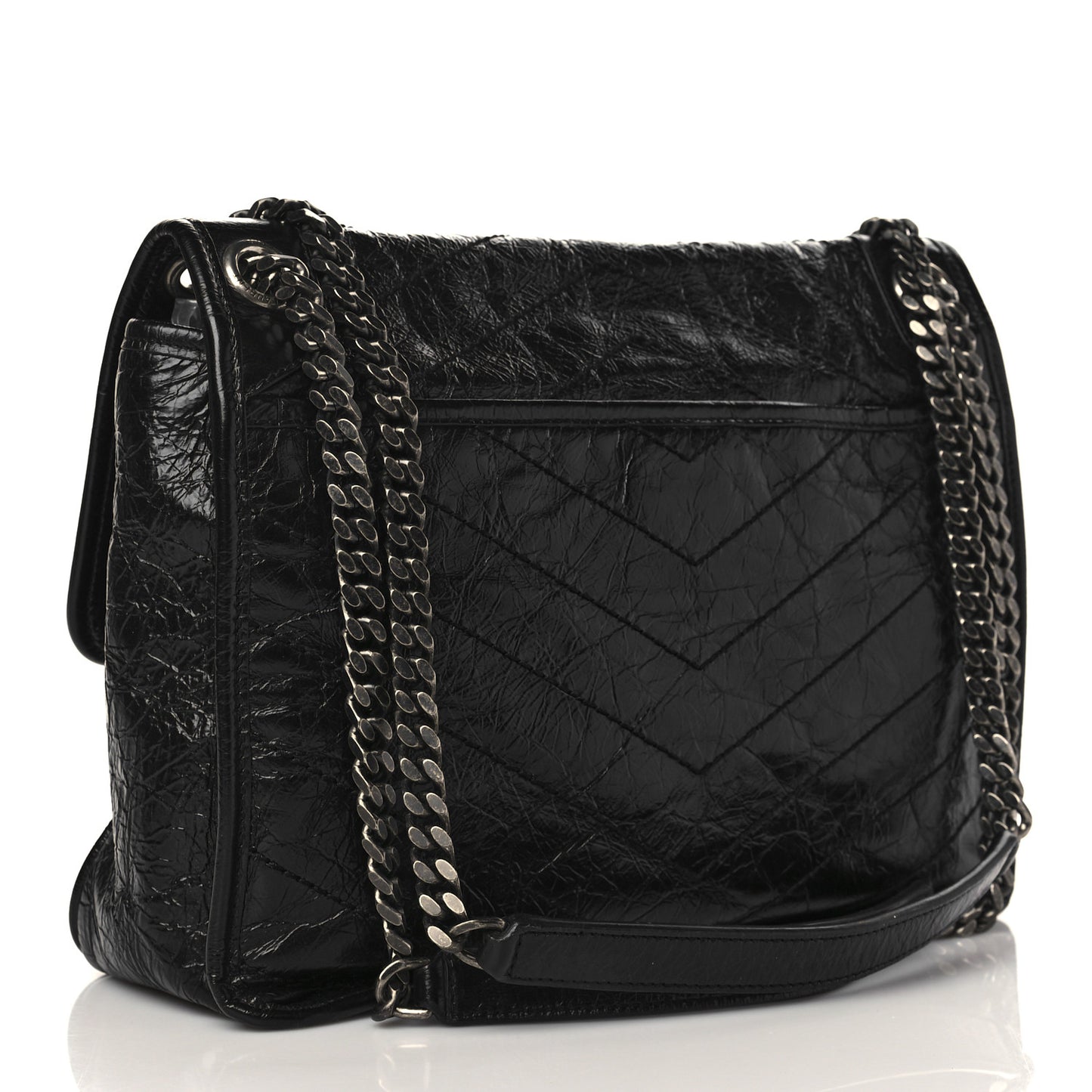 Crinkled Calfskin Matelasse Monogram Medium Niki Chain Satchel Black