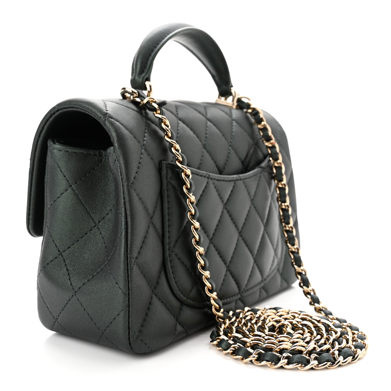 Chanel Iridescent Lambskin Quilted Mini Top Handle Rectangular Flap Dark Green 3 of 11