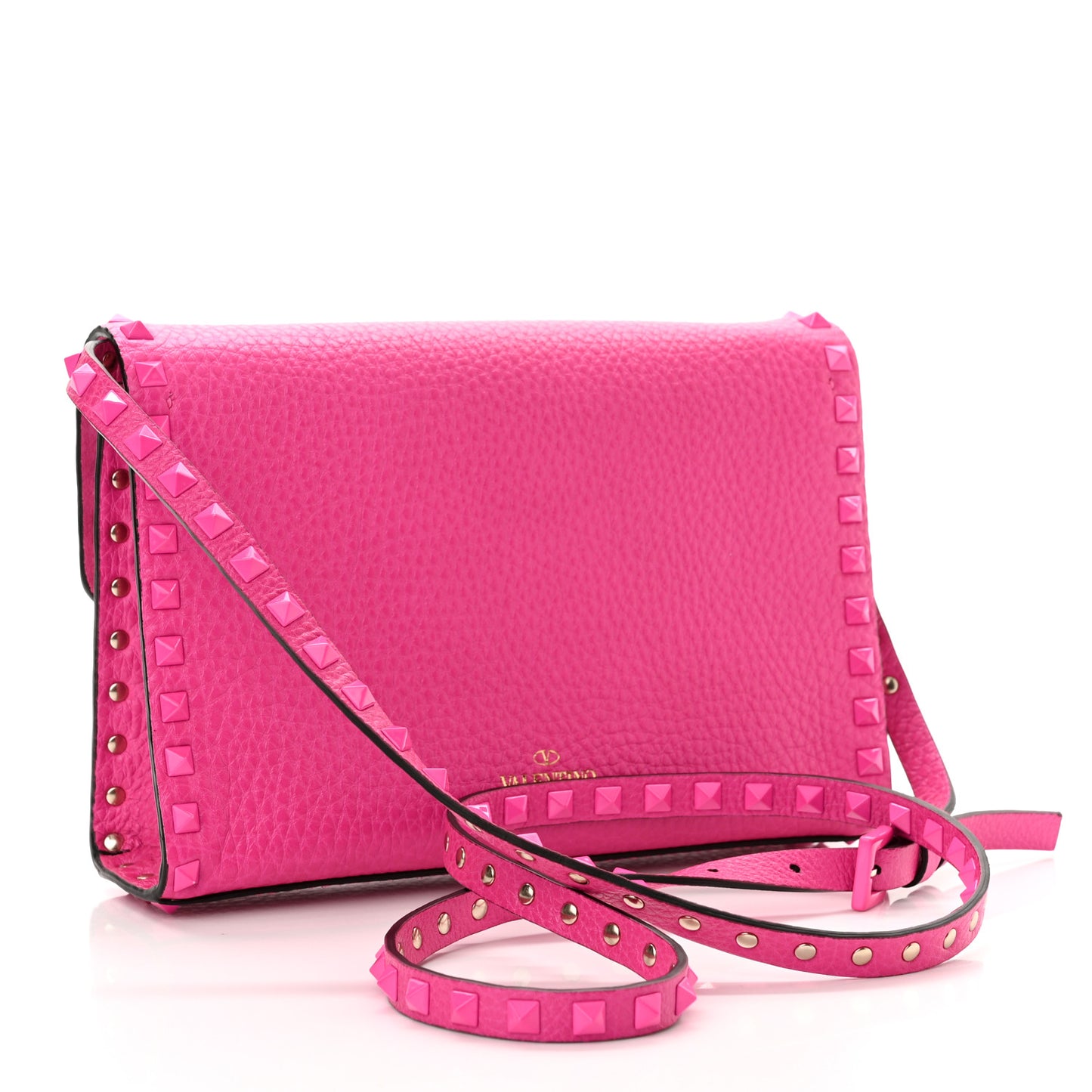 Pebbled Calfskin Enamel Monochrome Medium Rockstud Flip Lock Crossbody Bag Pink PP