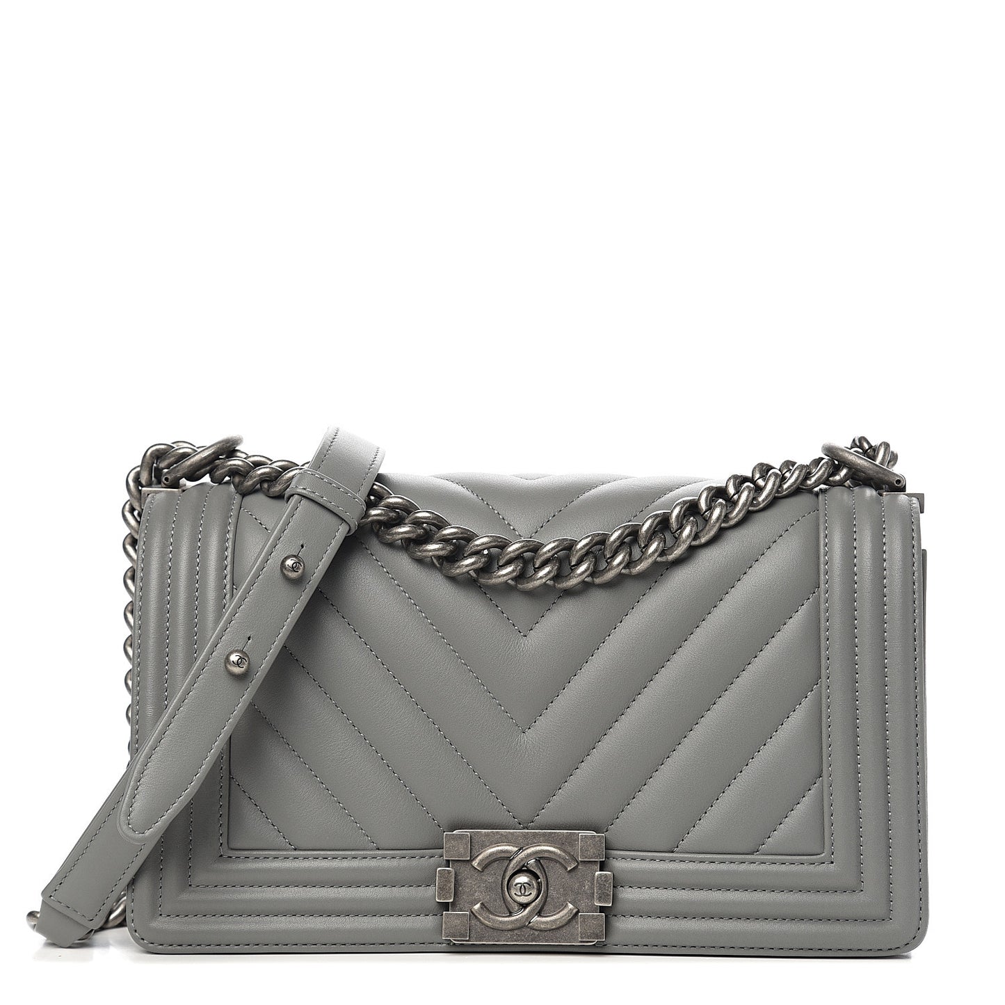 Calfskin Chevron Quilted Medium Boy Flap Grey