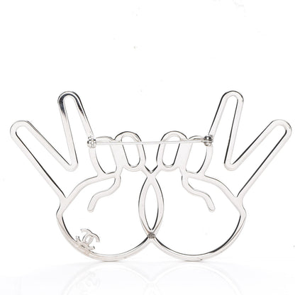 Chanel Strass Crystal Peace Sign Emoji Brooch Silver 3 of 5