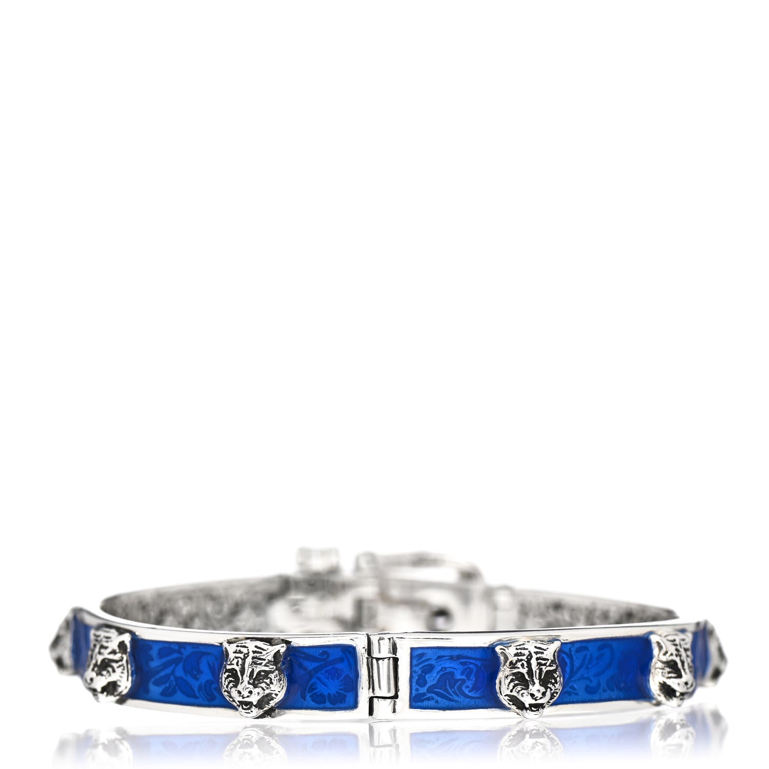 Gucci Sterling Silver Enamel Garden Feline Buckle Bracelet Blue 3 of 4