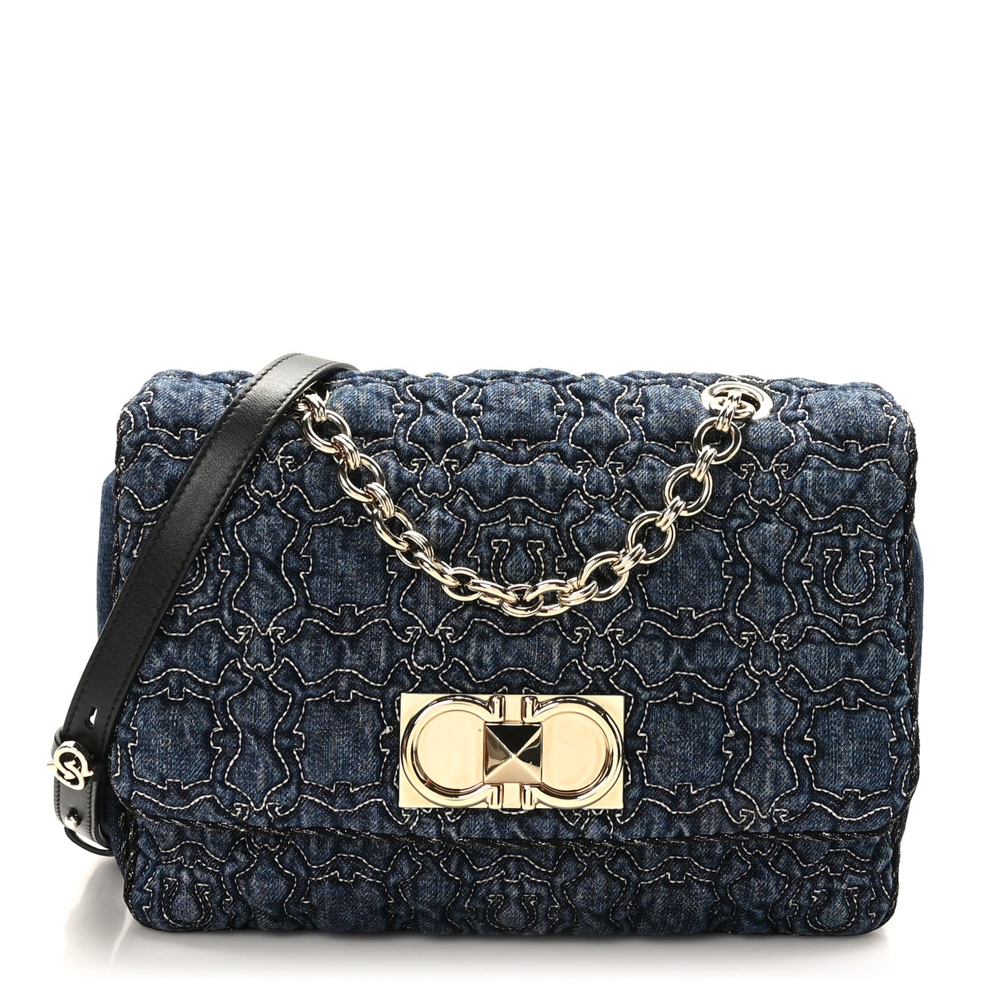 Denim Quilted Gancini Flap Bag Blue