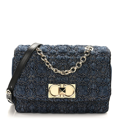 Salvatore Ferragamo Denim Quilted Gancini Flap Bag Blue 1 of 9