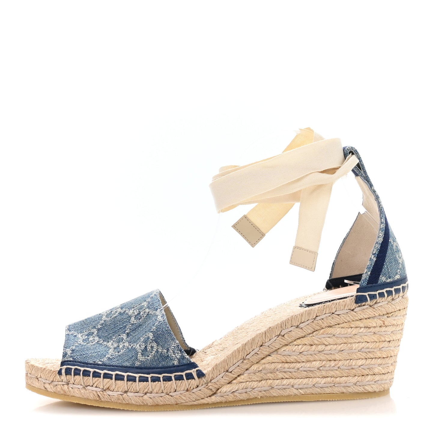 New Denim GG Monogram Pilar Ankle Wrap Espadrille Wedge Sandals 40.5 Light Blue