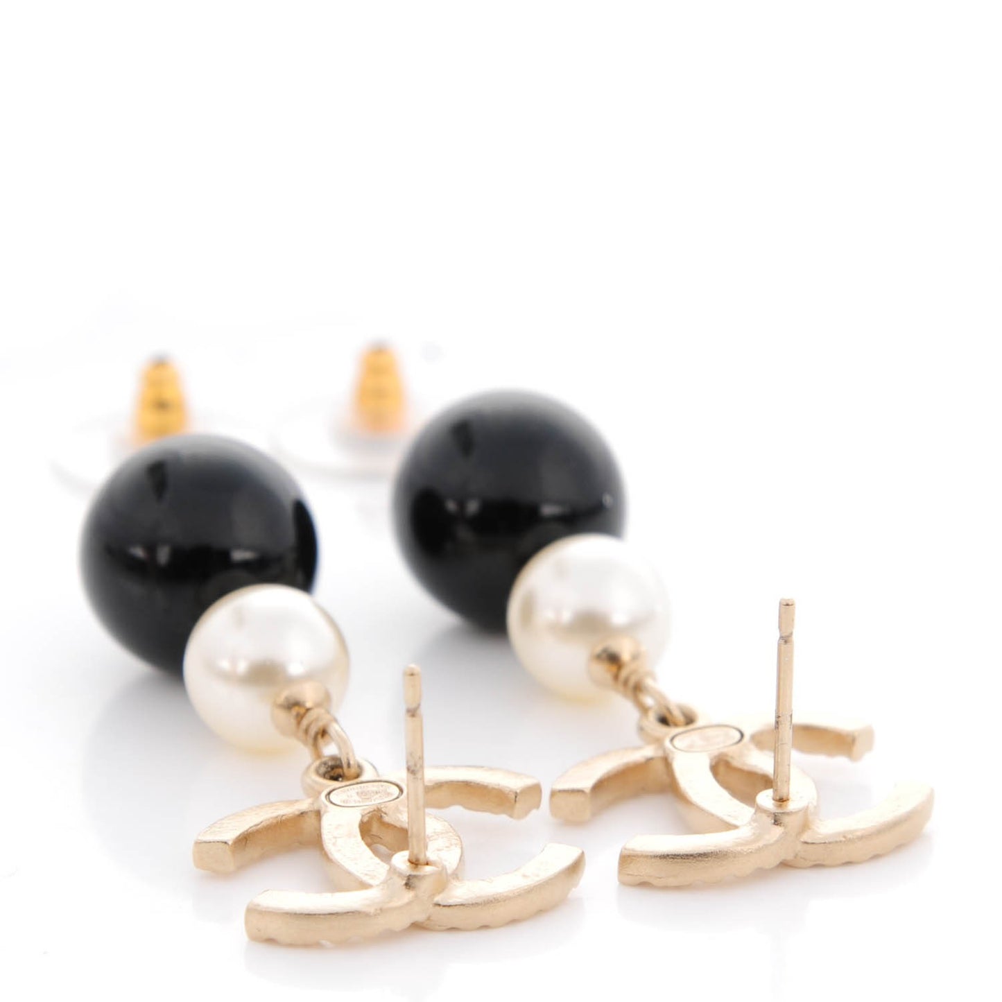 Pearl Bead CC Drop Earrings Black Gold