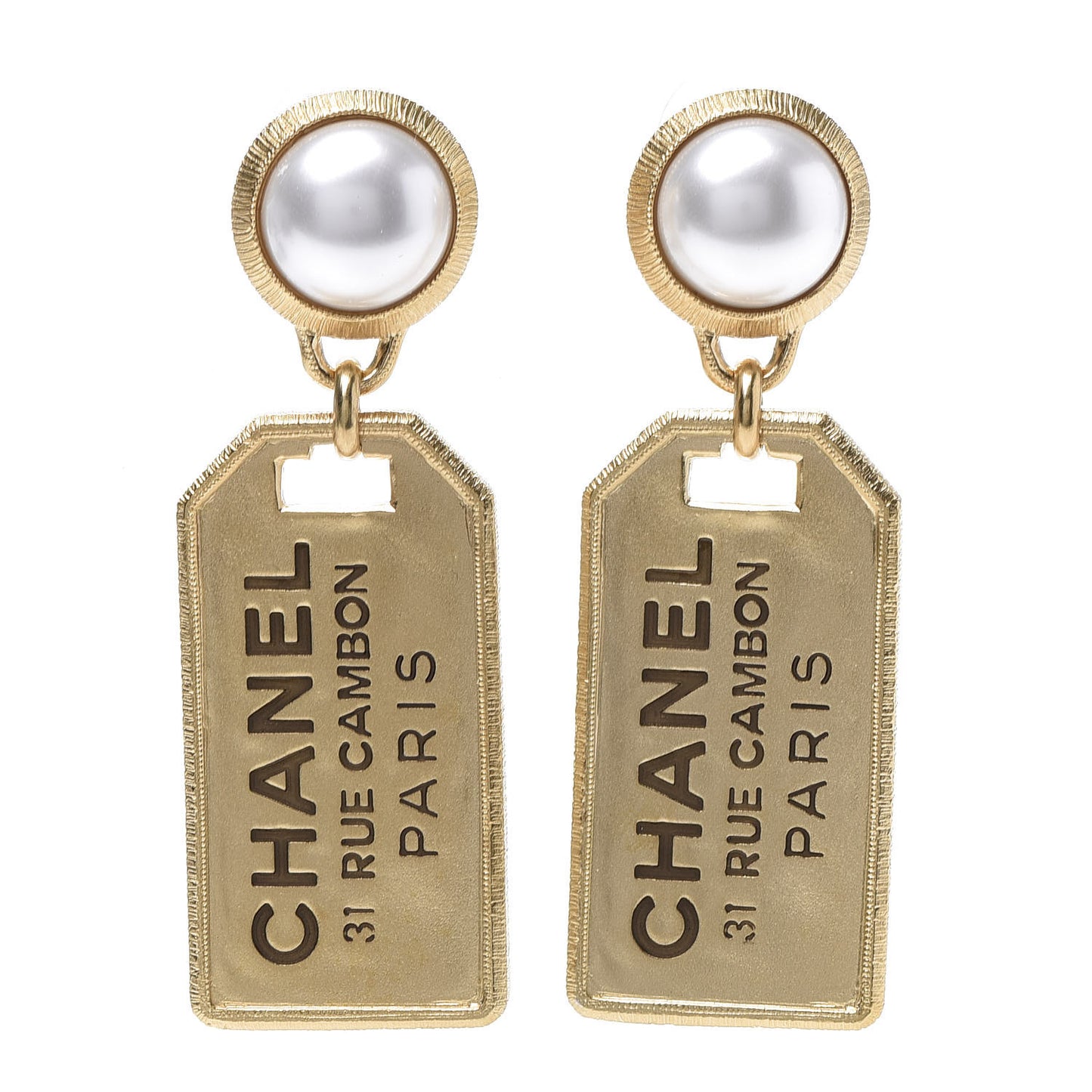 Pearl CC Tags Drop Earrings Gold