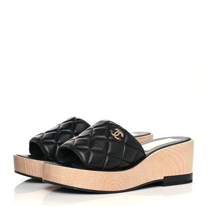Chanel Lambskin Quilted CC Slip On Platform Sandals 39 Black 3 of 9