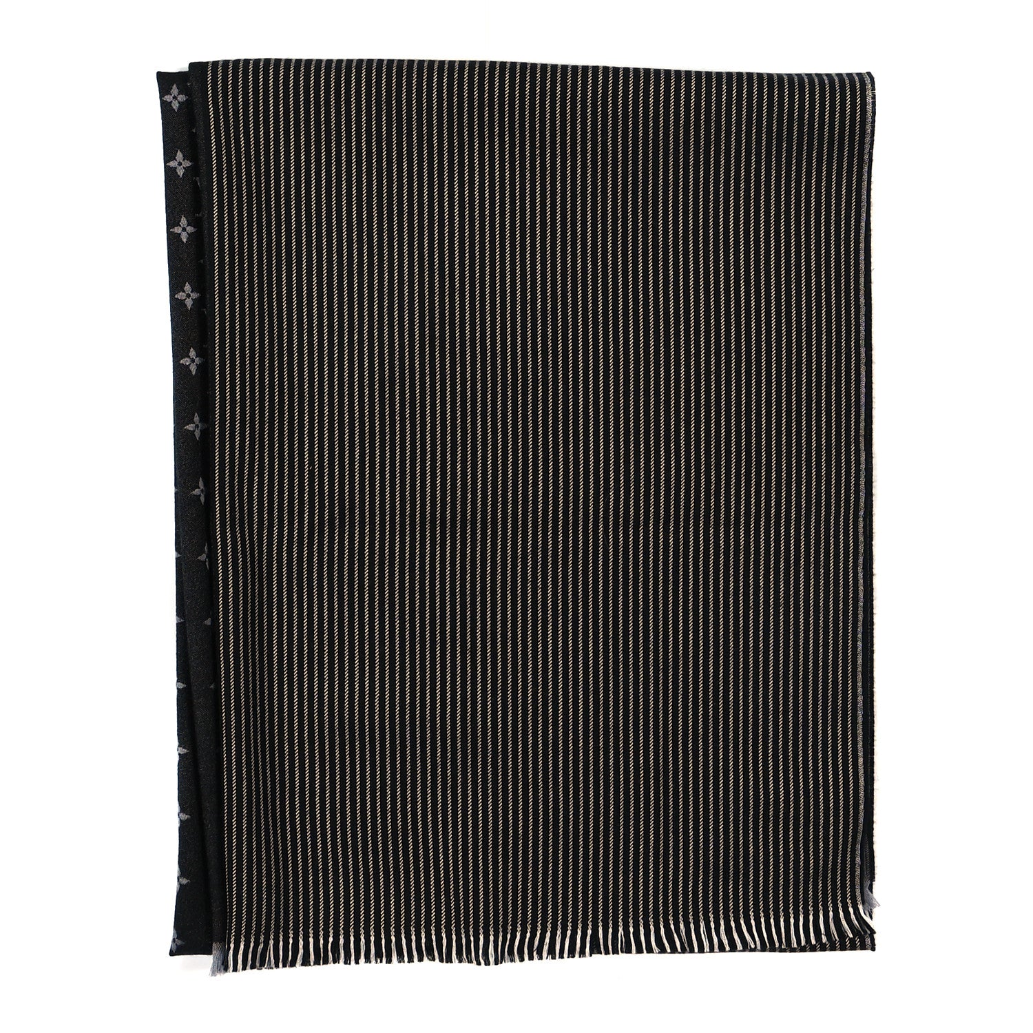 Louis Vuitton Wool Silk Monogram Lines Scarf Black Gris 2 of 4