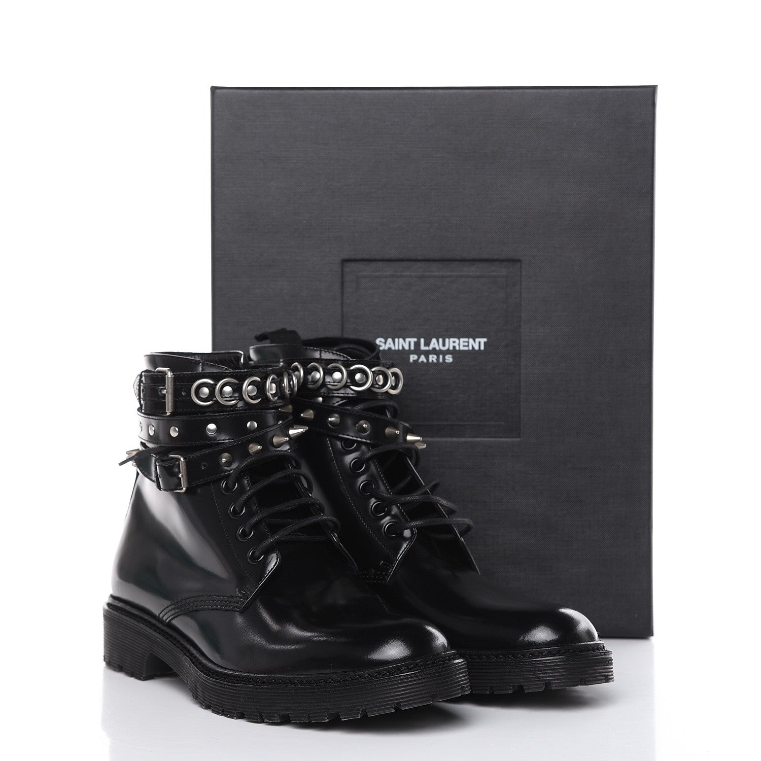 Saint Laurent Smooth Calfskin Studded Womens Lace-Up Combat Boots 38 Black 7 of 7