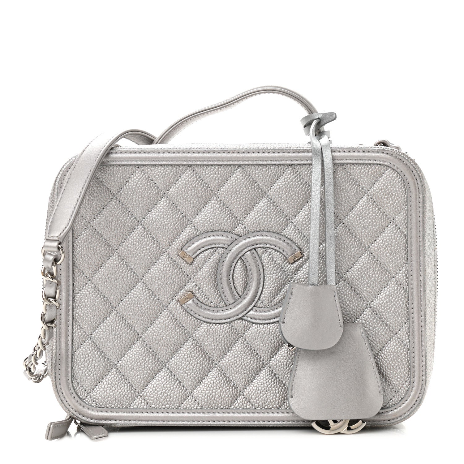 Chanel Metallic Caviar Quilted Large CC Filigree Vanity Case Silver 1 of 23