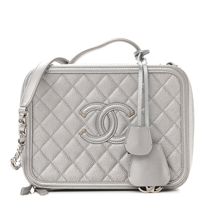 Chanel Metallic Caviar Quilted Large CC Filigree Vanity Case Silver 1 of 23
