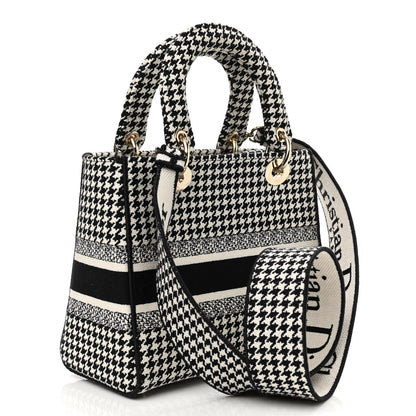 Christian Dior Canvas Houndstooth Embroidered Medium Lady D-Lite Black White 3 of 11