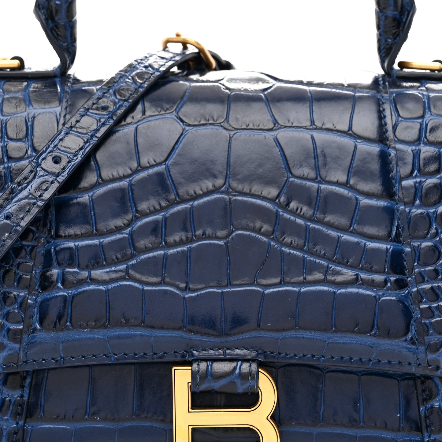 Shiny Calfskin Crocodile Embossed Small Hourglass Top Handle Bag Navy